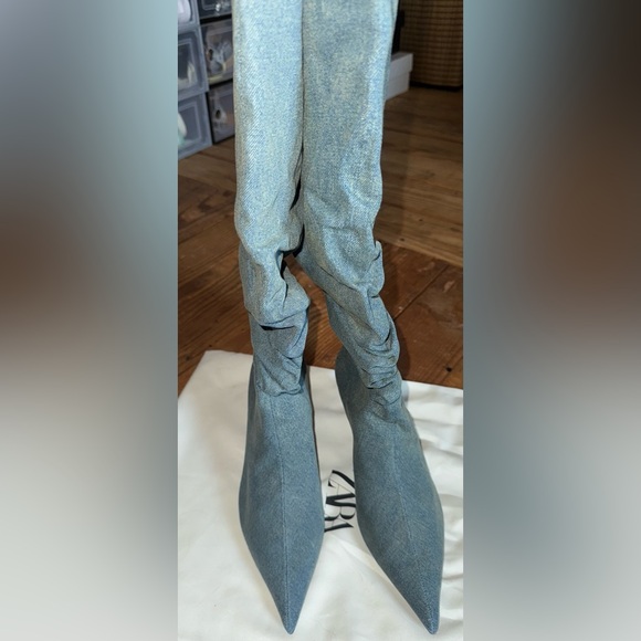 ZARA SLOUCHY DENIM BOOTS - Picture 12 of 16